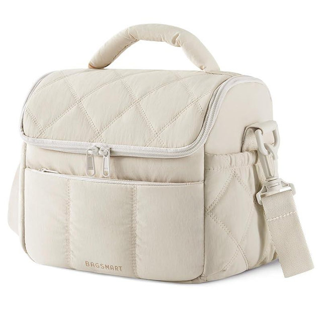 BAGSMART Insulated Lunch Bags for Women, Cute Quilted Lunch Box, Lightweight Puffy Padded Waterproof Lunch Tote, Reusable Lunch Cooler for Work Picnic Travel, Beige