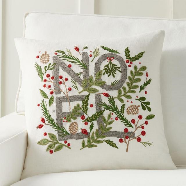 Festive Noel Pillow Cover, 20", Ivory Multi