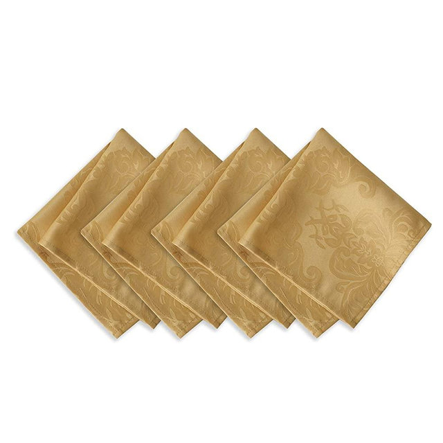 Newbridge Barcelona Luxury Damask Fabric Napkin Set, 100% Polyester, No Iron, Soil Resistant Party, Banquet and Holiday Napkins, Set of 4 Fabric Napkins, Gold