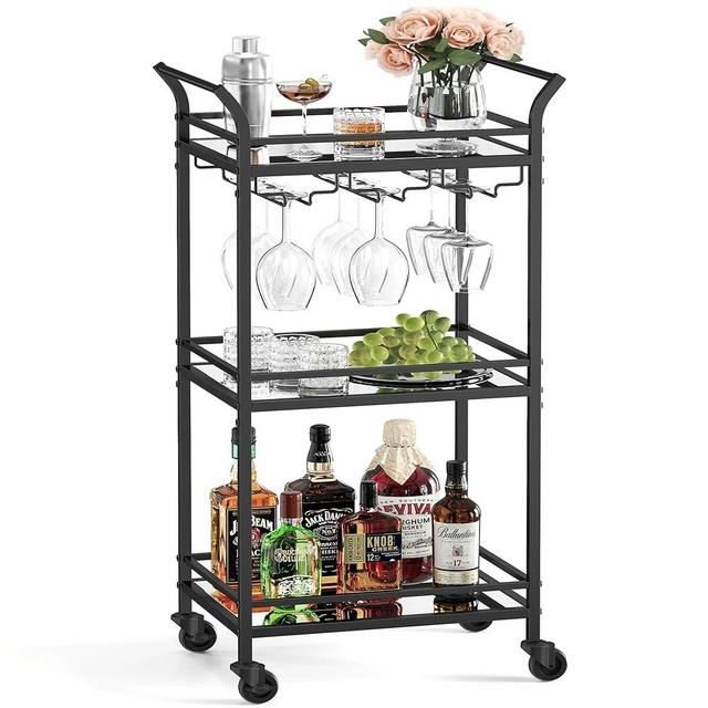 VASAGLE Bar Cart Black, Home Bar Serving Cart, Small Bar Cart With 3-Tier Mirrored Shelf, Wine Holders, Glass Holder, Mini Bar Cart for Small Space, Kitchen, Dining room, Living Room, Black ULRC091B62