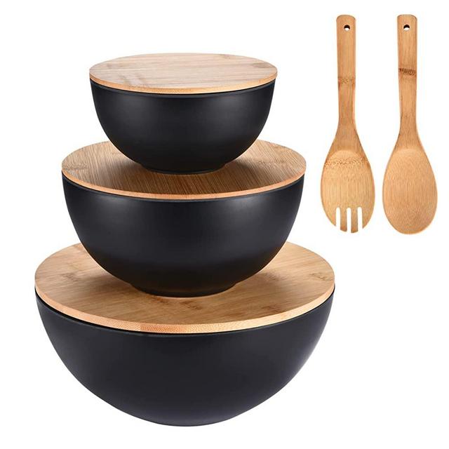 Salad Serving Bowls with Lids - Bamboo Fiber Bowl Set with Wooden Lids - Multi-purpose Bowl & Board Set for Kitchen - Mixing Bowl Set - Serve & Prep Fruits, pasta Chips, Cheese, Ramen, Bread,& more