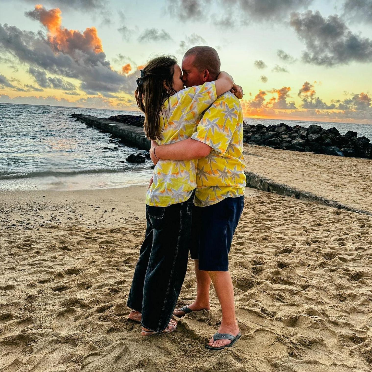 Our engagement in Hawaii in January 2025 - wearing Danielle's grandparents' matching shirts.