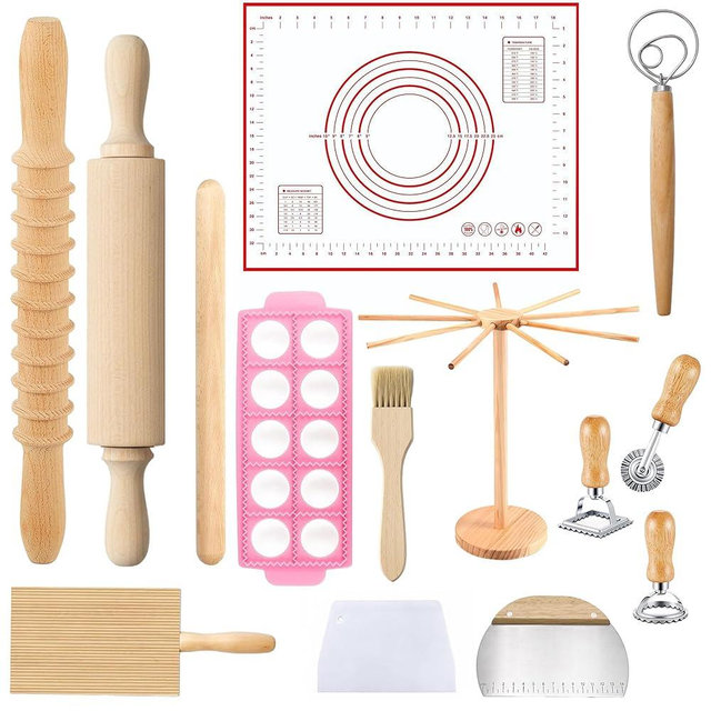 LUSROY Pasta Making Tools Set 14 PCS, Pasta Maker Kit with Drying Rack, Ravioli Maker Press, Pasta Cutting Tools, Beech Wood Rolling Pins, Gnocchi Board, Homemade Pasta Accessories Set