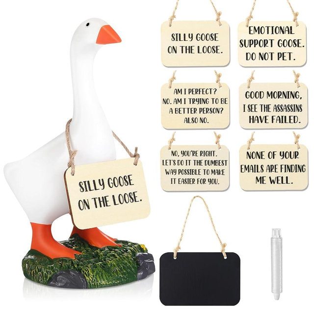 Relaxweex Magnetic Goose Key Holder Cute Statue Resin Goose Statue with Wooden Base Writable Sign Chalk for New Apartment Housewarming Gift Office Table Desk Home Decor (Inspiration Quotes,9 Pcs)