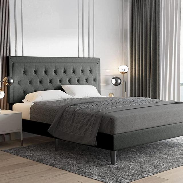 Allewie King Size Platform Bed Frame / Fabric Upholstered Bed Frame with Diamond Button Tufted Headboard/ Adjustable Headboard / Wood Slat Support / Mattress Foundation /Dark Grey (King)
