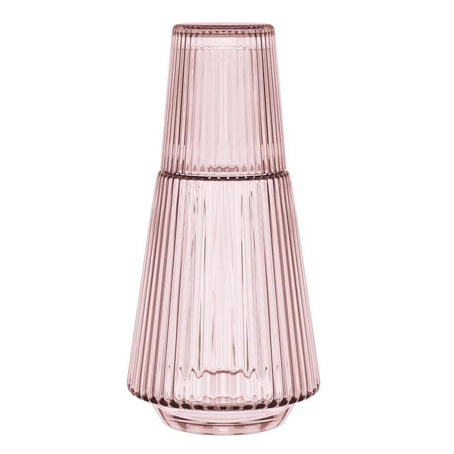 American Atelier Vintage Bedside Water Carafe with Tumbler – 37 Oz Ribbed Pitcher and Matching Drinking Glass Doubles as Lid for Guest Room, Office, or Gift, 4.5”x 9.25" (Pink)