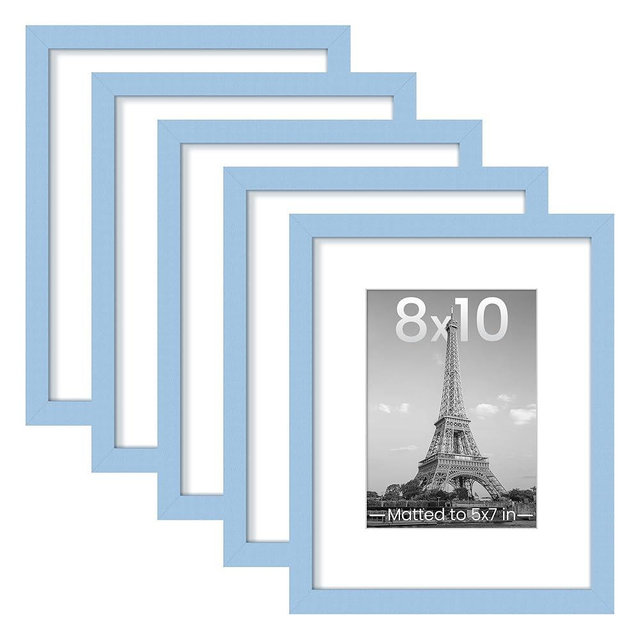 upsimples 8x10 Picture Frame Set of 5, Display Pictures 5x7 with Mat or 8 x 10 Without, Wall Gallery Photo Frames, Blue