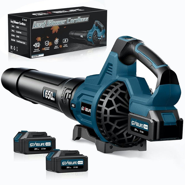 GEVEELIFE Leaf Blower Cordless, 650CFM & 3 Speed Levels, Electric Cordless Leaf Blower with 2 * 5.0Ah Battery Powered, Blowers for Lawn Care, Yard, Blowing Leaves, Dust, Snow