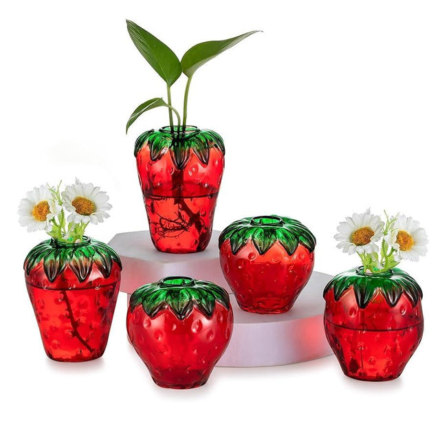 Hewory Cute Strawberry Vase for Flowers: Unique Glass Strawberry Decor for Home Kitchen Bathroom Office - Small Vases Eclectic Room Decor
