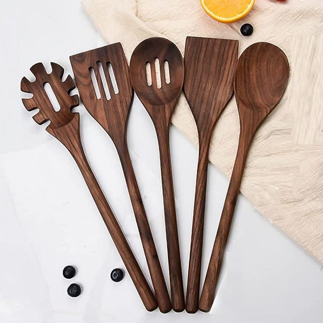 Wooden Kitchen Utensils Set,5 PCS Black Walnut wood cooking utensils,Handmade wooden utensils for cooking Non-stick Serve Cookware Spatula Slotted Spatula Solid Spoon Slotted Spoon Spaghetti Server