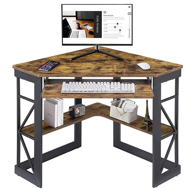 VECELO Corner Computer Desk 41 x 30 inches with Smooth Keyboard & Storage Shelves for Home Office Workstation, Antique Brown