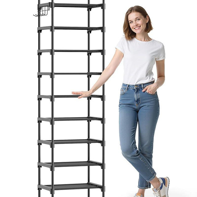 Kitsure Shoe Rack - 10-Tier Shoe Organizer with Detachable Fabric Shelves & Metal Frame, Tall Shoe Rack for Closet, Entrance, Living Room, 16.9" x 11.8" x 68.5", Black
