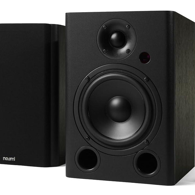 NEUMI BS5P-ARC 75-Watt Powered Bookshelf Speakers, Bluetooth, HDMI, USB, Optical, Coaxial, Remote Control, 5-Inch Woofer, 1-Inch Tweeter, Dark Wood, 1 Pair