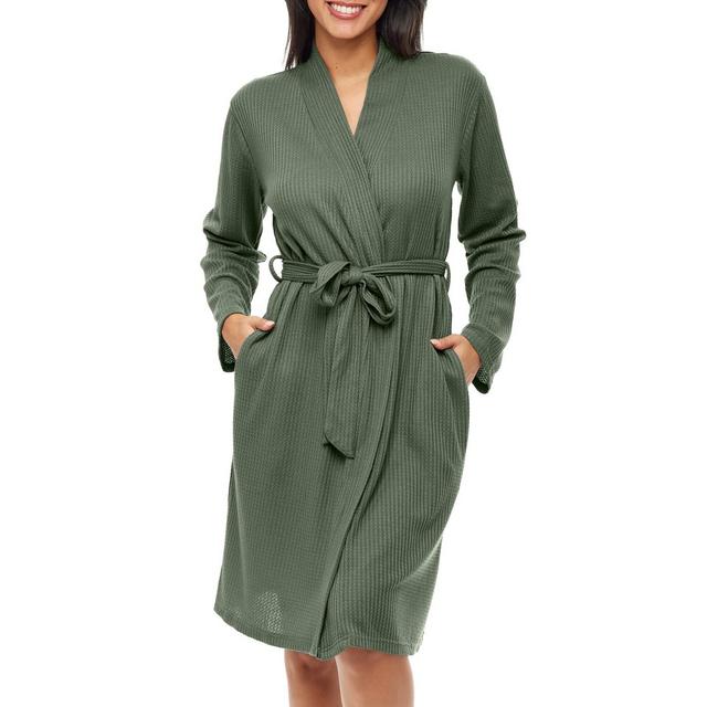 ADR Women's Ribbed Knit Wrap Robe with Pockets, Lightweight Bathrobe Green Medium