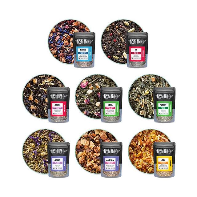 Tiesta Tea Tiesta's Top 8 Favorites Tea Sampler Dry Flight Set - High to No Caffeine, Hot & Iced Tea, Loose Leaf Tea Variety Pack with Green, Herbal, Black & Chai Tea, 8 Sample Pouches