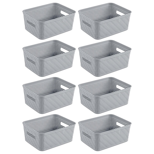 Sterilite 10x8x4.25 Inch Rectangular Weave Pattern Short Basket with Handles for Pantry, Bathroom & Laundry Room Storage Organization, Cement