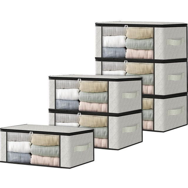 HomeHacks Storage 6-Pack Clothes Organizer Storage Bags Foldable Storage Box with Large Clear Window Sturdy Handles for Closet, Dorm, Pillows, Bedding, Clothes, Blankets, 35L, Ivory
