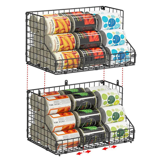 Stackable Can Rack Organizer for Pantry Storage,Can Dispensers with 4 Adjustable Dividers, 2-Tier Metal Wire Basket Beverage Pop Soda Rack for Kitchen Cabinet Pantry, Black