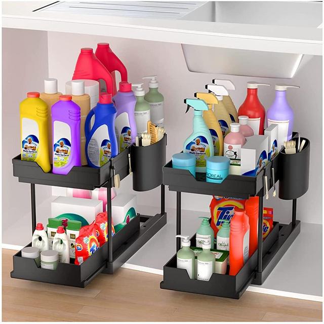 2-Pack Under Sink Organizers and Storage with Sliding Drawer, 2-Tier  Bathroom Under Sink Shelf Rack W/Hanging Cups, Multipurpose Kitchen Under  Cabinet