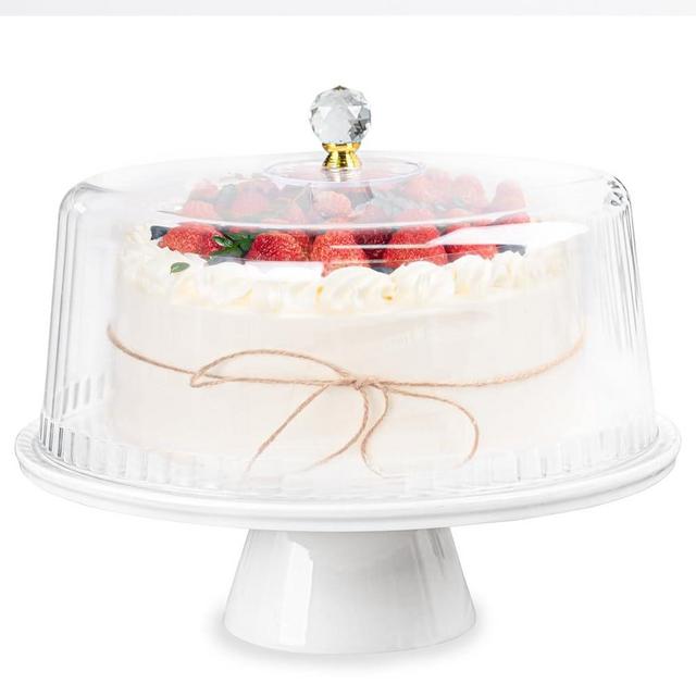 12.5" Cake Stand with Lid, Ceramic Cake Stand with Plastics Dome Cover, 2 in 1 Cake Holder with Lid, Cake Plate with Dome-Dessert Display, Cheese Board, Covered Cake Stand for Kitchen, Party, Birthday