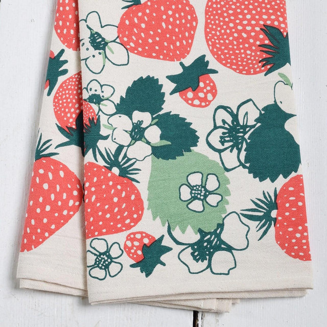 Strawberry Tea Towel - Organic Cotton - Oversized 30 x 30 - Fruit Kitchen Towel - Flour Sack - Washable - Unbleached - Strawberries - Eco