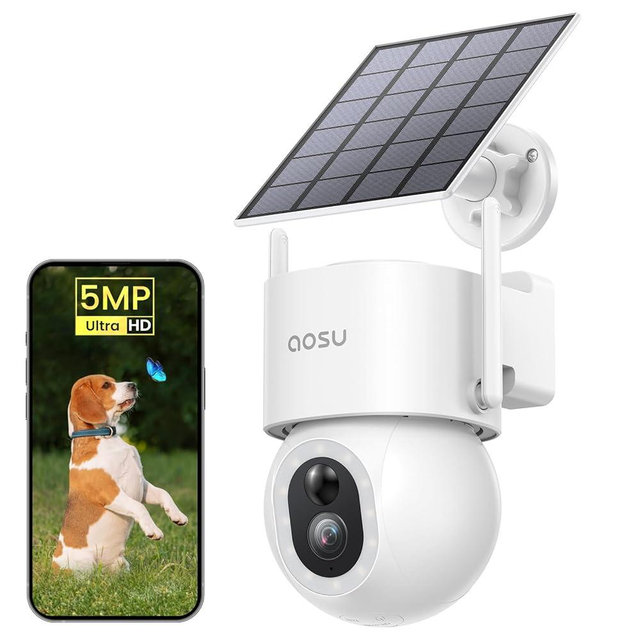 AOSU Security Cameras Wireless Outdoor - 3K/5MP Solar Powered 400-Lumen Floodlight Camera, 360° Pan/Tilt Surveillance, Night Vision, 2.4G WiFi Camera, Auto Tracking, AI Human/Vehicle/Pet Detection