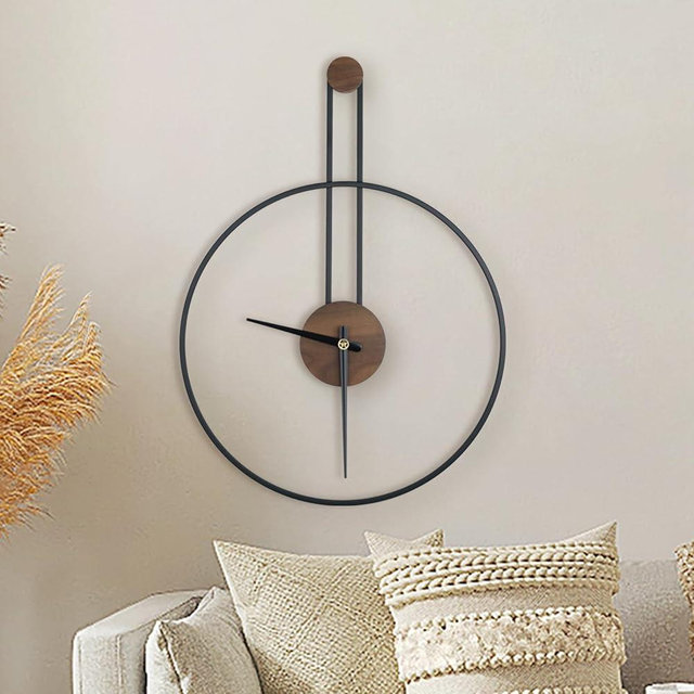 DRELIFAM Modern Wall Clock Large Wall Clock with Walnut Dial Silent Non-Ticking Metal Wall Clock for Living Room Home Decor Bedroom Kitchen Office 17.8''× 24.4'' (Black, Medium)