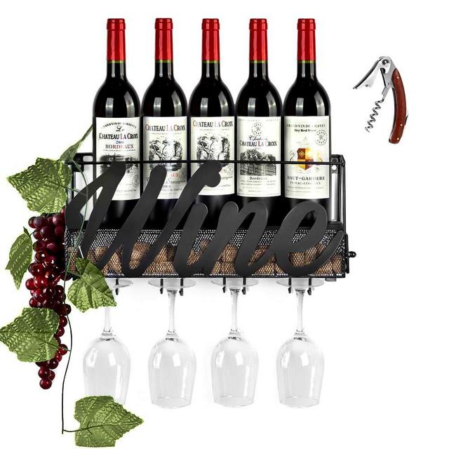 CSmile Iron Wine Rack Wall Mounted Black Wine Glass Rack Wine Cork Holder Gifts Come with Wine Opener