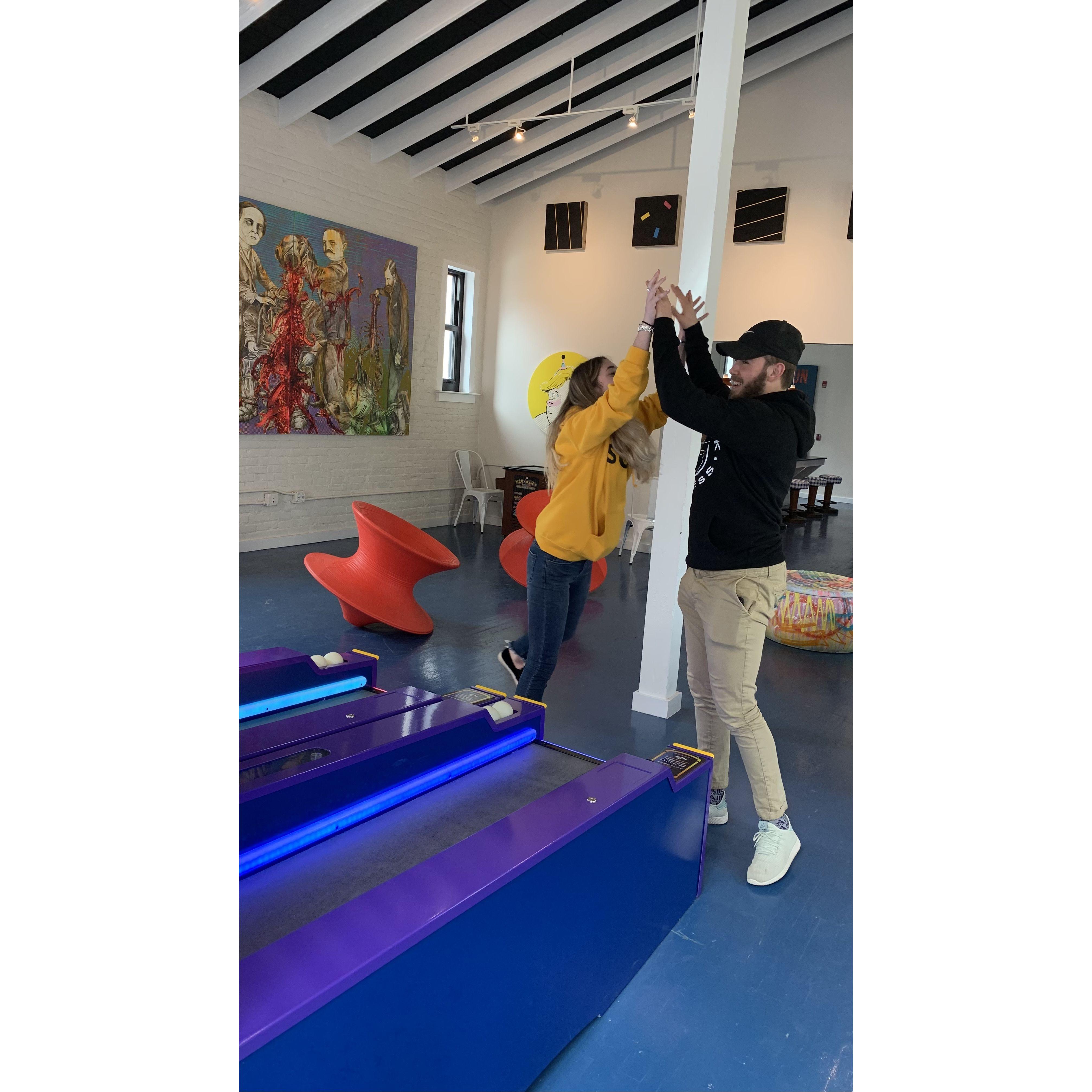During Zack's first visit to Savannah he challenged Zoey to a game of skeeball, which he then bitterly lost. February 2019.