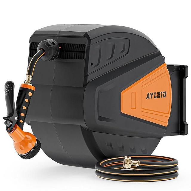 Ayleid Retractable Garden Hose Reel,1/2 in x 130 ft Wall Mounted Hose Reel, with 9- Function Sprayer Nozzle, Any Length Lock/Slow Return System/Wall Mounted/180°Swivel Bracket (Black)