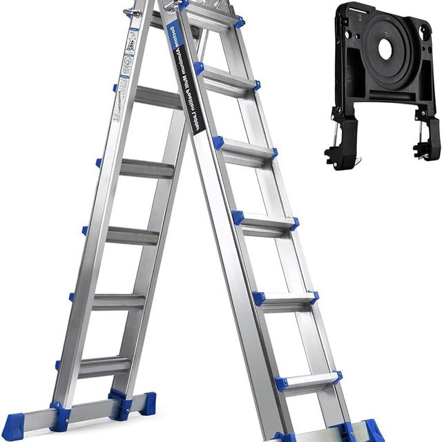 HBTower A Frame 6 Step Extension Ladder,22 Ft Multi Position Ladder with Removable Tool Tray and Stabilizer Bar, 330 lbs Capacity Telescoping La dder for Household and Outdoor Work (Blue, 22FT)