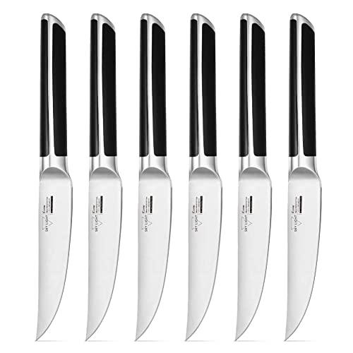 Steak Knives, SKY LIGHT 4.5 inch Non Serrated Steak Knife Set of 6, Kitchen Premium Sharp Blade, Japanese Triangle Handle, German Stainless Steel Forged Steakhouse Knife, Straight Edge Dinner Knives