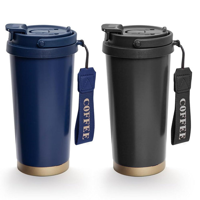 Sinekequnsun 2 Pack 17oz Insulated Coffee Mug, Leakproof Travel Coffee Tumblers With Strap, Vacuum-Insulated Stainless Steel Reusable Coffee Cup for Hot & Cold Drinks