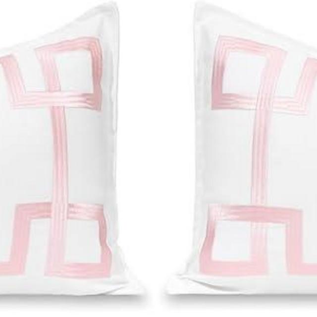 Hofdeco Premium Coastal Patio Indoor Outdoor Lumbar Pillow Cover Only, 12"x20" Water Repellent for Backyard, Couch, Blush Pink Embroidered Frame Greek Key (Pack of 2)