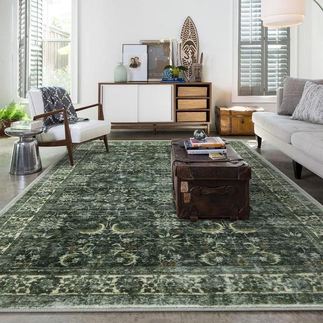Anidaroel Living Room Rug 8x10, Washable Distressed Green Large Area Rug, Non Slip Stain Resistant Dining Room Mat, Soft Boho Floral Rug for Bedroom Accent Floor Carpet for House Decor