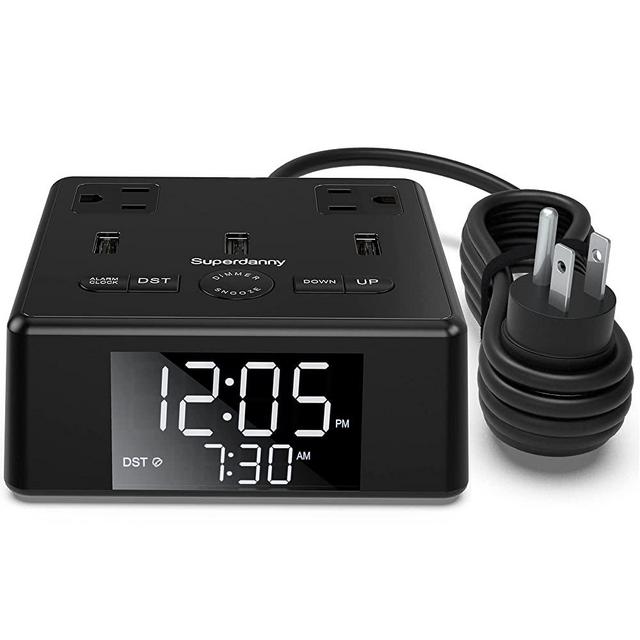 Digital Alarm Clock with USB Charger, SUPERDANNY Power Strip Surge Protector Charging Station with 2 AC Outlets 3 USB Ports 6.5ft Extension Cord LCD Display for Bedroom Home Dorm Hotel Bedside, Black