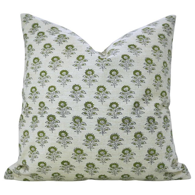 Fabritual Green Linen Fabric 20X20 Inches Cushioncase Handmade Block Floral Print Throw Home Fall Decorative Accent Soft Boho Perfect for Farmhouse, Gift Summer Square Pillow Cover, Bagru Buti