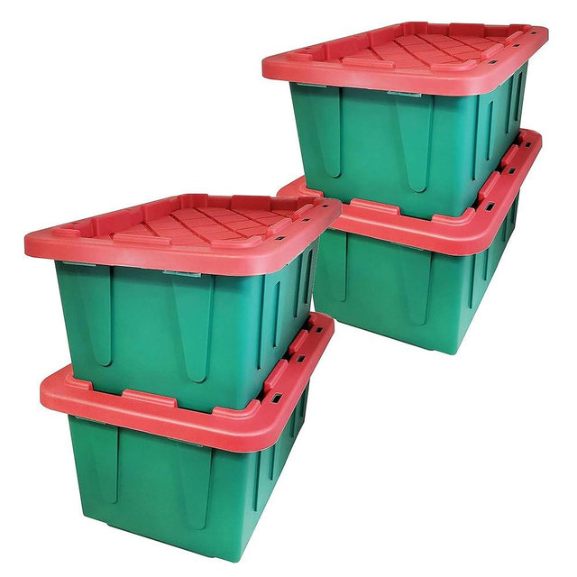 HOMZ Durabilt 15-Gallon Holiday Storage Bins with Lids, Heavy-Duty Stackable Holiday Totes Storage with Snap-fit Lids, Green Base and Red Lid, 4 Pack
