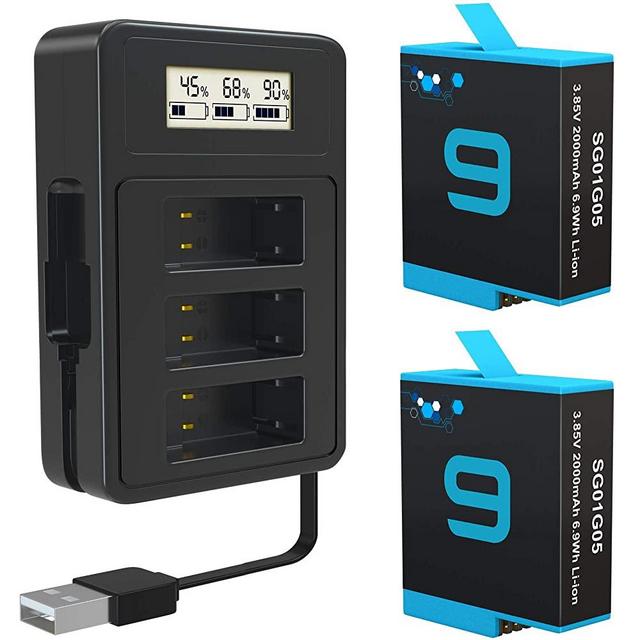 TOMSHEIR 2000mAh Batteries for GoPro Hero 9/10 Battery (2-Pack) and 3-Channel USB Quick Charger (Fully Compatible with Gopro Hero 9 Gopro Hero 10 Black Official)