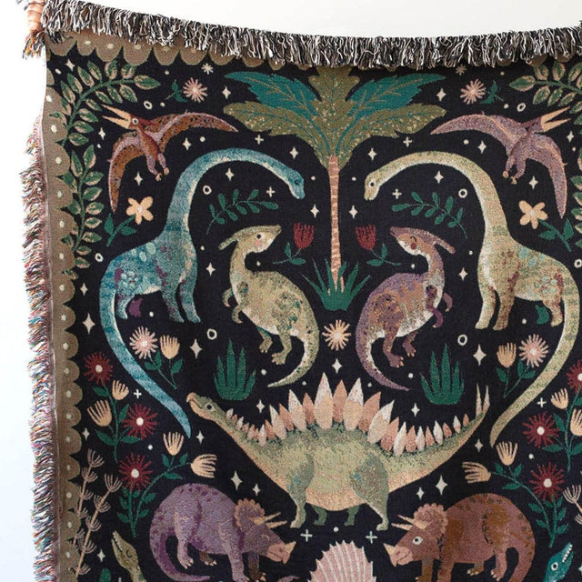 Dinosaur Blanket: Black Woven Throw, Cute Kawaii, Colorful Kids Teen Bedding, Nursery Bedroom, Triceratops Brachiosaurus, Unique Maximalist