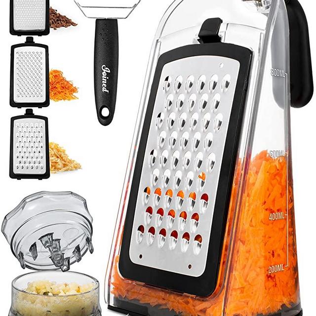 Joined Cheese Grater with Garlic Crusher - Box Grater Cheese Shredder - Cheese Grater with Handle - Graters for Kitchen Stainless Steel Food Grater - Garlic Mincer Tool and Vegetable Peeler