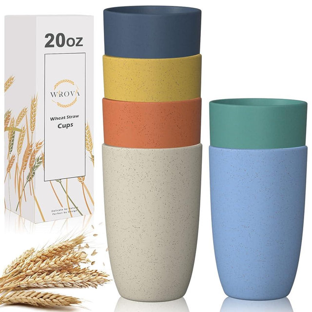 Wrova Wheat Straw Cups 6 PCS Good Alternative to Plastic Reusable Cups 20 oz Unbreakable Drinking Cup Reusable Dishwasher Safe Water Plastic Glasses Mixed Color