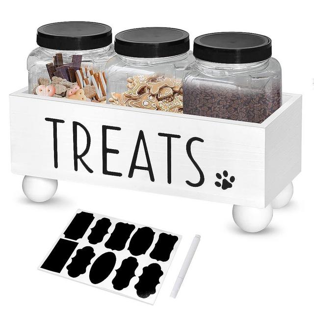 Dog Treats Container, Cat Treats Container, Farmhouse Pet Treats Storage Organizer for Dog and Cat, Dog Food Storage Cat Food Storage Container with 3 Jars, Cat Dog Treat Organizer, Gift for Pet Owner (White)…