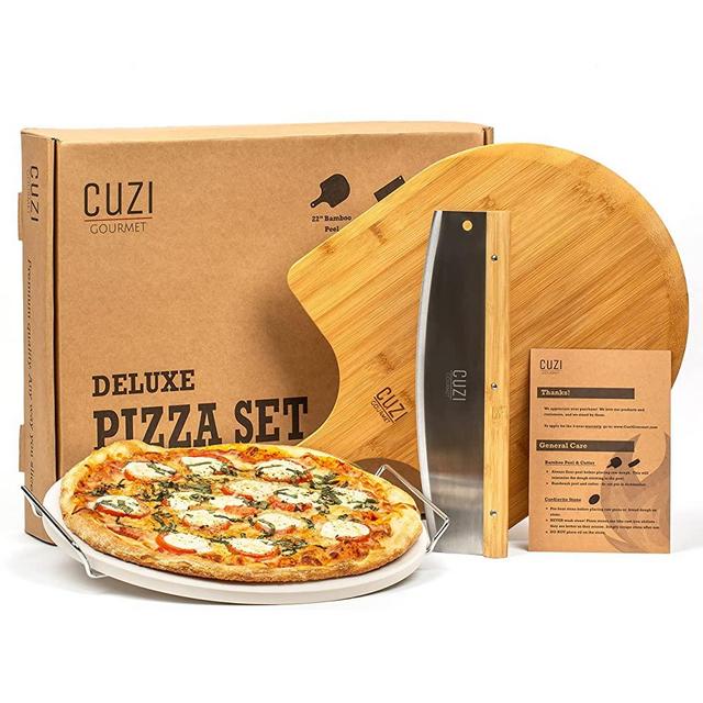 Cuzi Gourmet Large 4-Piece Pizza Stone Set - 13" Thermal Shock Resistant Cordierite Pizza Baking Stone, 19" Natural Bamboo Pizza Peel & Pizza Cutter Rocker - Large Pizza Stone for Grill and Oven