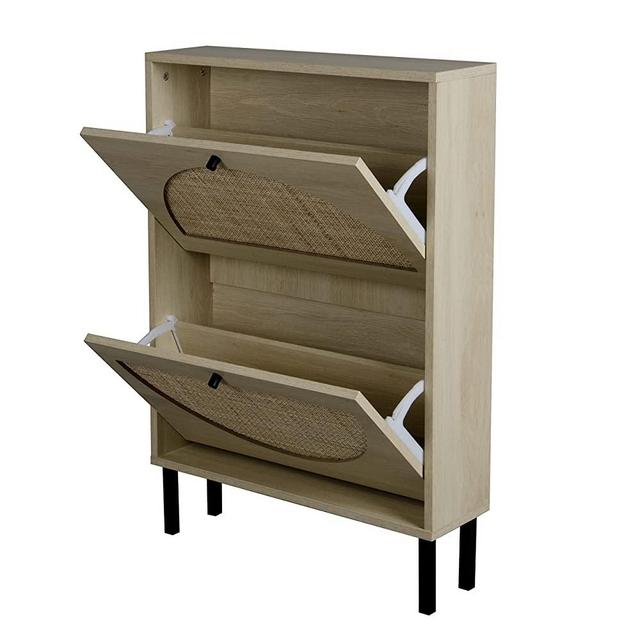 Natural Rattan Shoe Cabinet with 2 Flip Drawers, 2-Tier Shoe Rack Storage Cabinet, Entrance Hallway Shoe Cabinet Furniture Narrow, Modern and Contemporary, Warm White Wood Grain Color (2 Drawer)