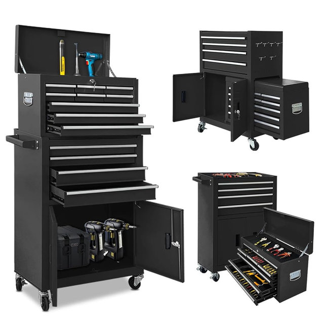 13-Drawer Rolling Tool Chest, 2 in 1 Detachable Metal Tool Cabinet with Lock & Wheels, Heavy-Duty Tool Storage Organizer for Garage, Workshop, Auto Repair & Home (Black)