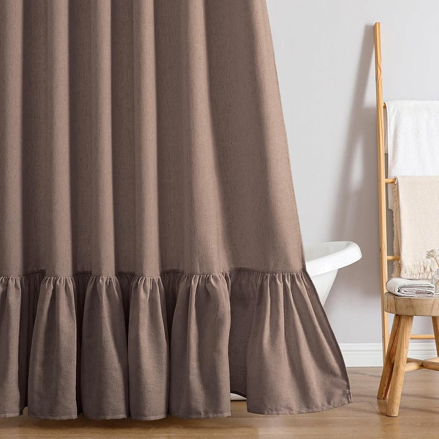 QiyI Boho Shower Curtain with Ruffle Hem, Farmhouse Linen Shower Curtains for Bathroom, Ruffled Shower Curtain Set, Country Rustic Natural Fabric Bath Curtain, Brown, 72 x 72