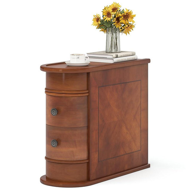 LITTLE TREE Wood End Table with 2 Drawers Sofa Side Table, No Assembly Required Vintage Slim Nightstand Bedside Table for Bedroom