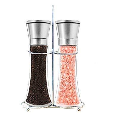Premium Salt & Pepper Grinder Set of 2 - Salt and Pepper Shakers Mill, Stainless Steel Adjustable Coarseness Great Gift Set - Salt and Pepper Mill Shaker Mills Set (7.5 inches tall with stand)