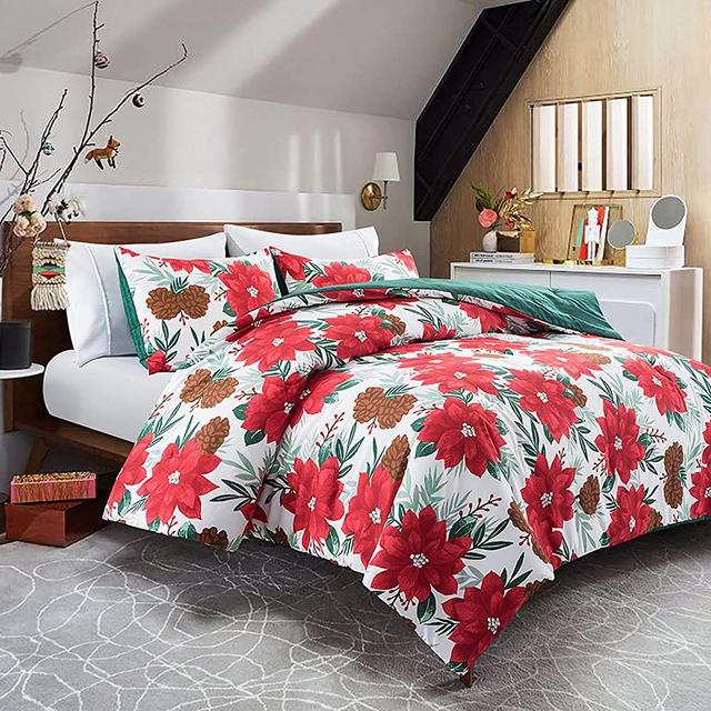 Lifeety 3 Piece Comforter Set with 2 Shams, Christmas Bedding Set, Full/Queen Size, Red Flower and Pine Cone Pattern